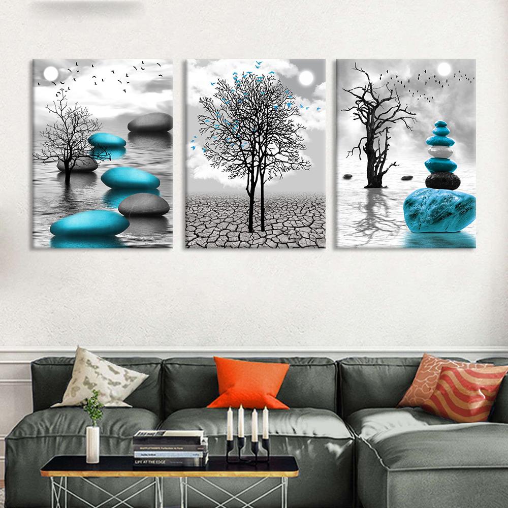 Modern Black and White Landscape Canvas Painting Blue Zen Stone Posters and Prints, Tree Art for Living Room Decoration Unframed