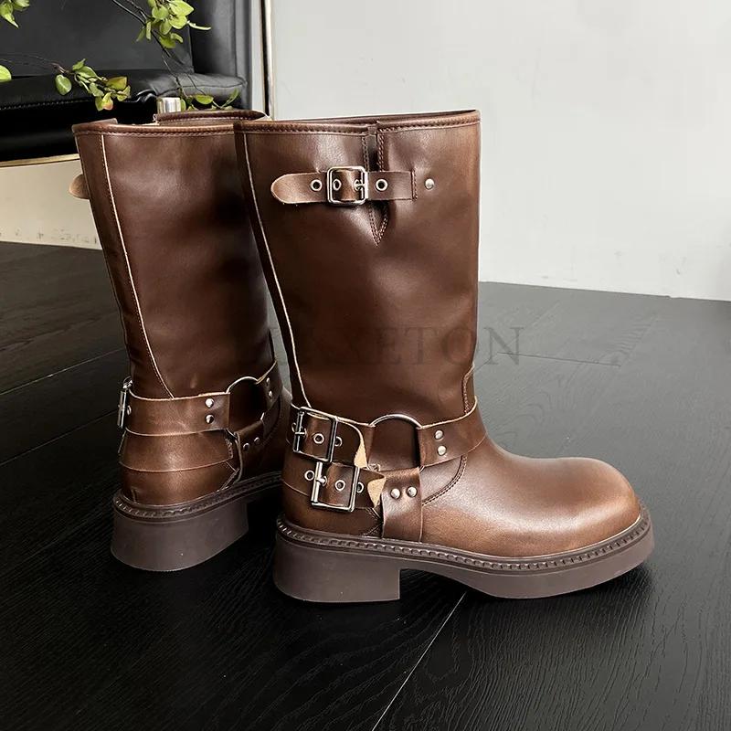 Мода Платформа Ботинки Combat Молния Chuny Heel Пряжка Винтаж Мода Повседневный Роскошь Дизайнер Western Mid Calf Boots Обувь Женщина