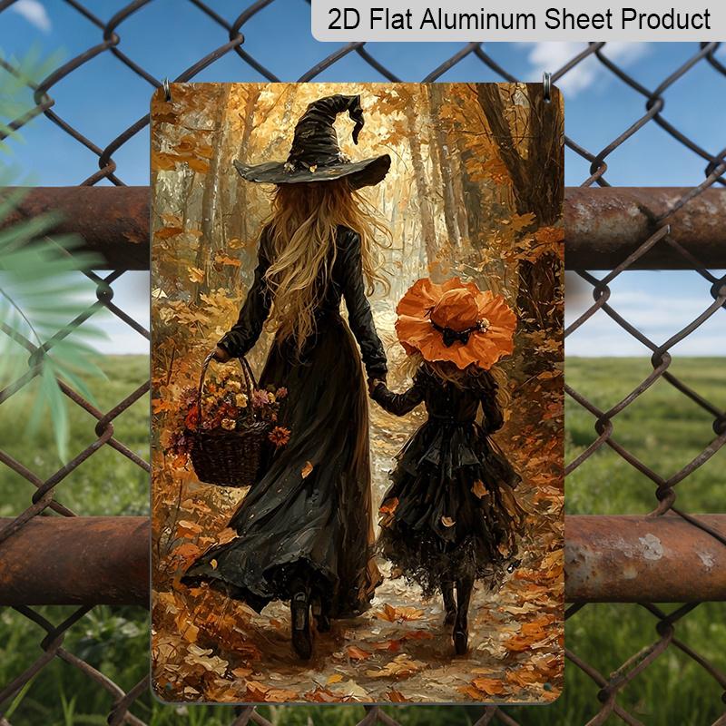 2D Flat Autumn Forest Mother and Little Witch Holding Hands Vintage Metal Sign‑8.0x12.0inch Aluminum Wall Art, Fall Halloween Farmhouse Porch Decor