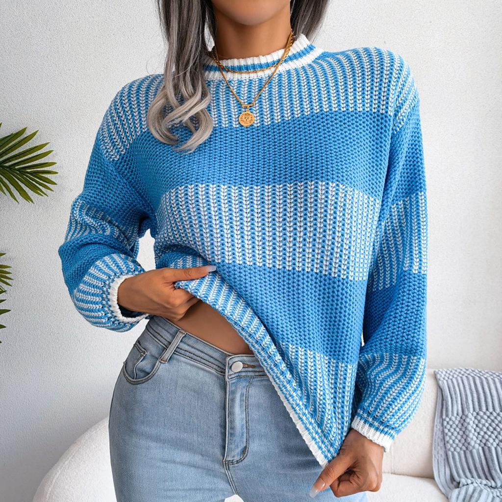 Женский свободный повседневный свитер с круглым вырезом и длинными рукавами в полоску с длинными рукавами