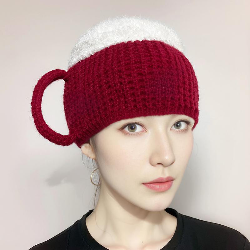 3D Beer Cup Hat Funny Creative Knitted Pullover Cap Autumn Winter Versatile Unisex Warm Hairline Cap Beer Lovers' Year Presents