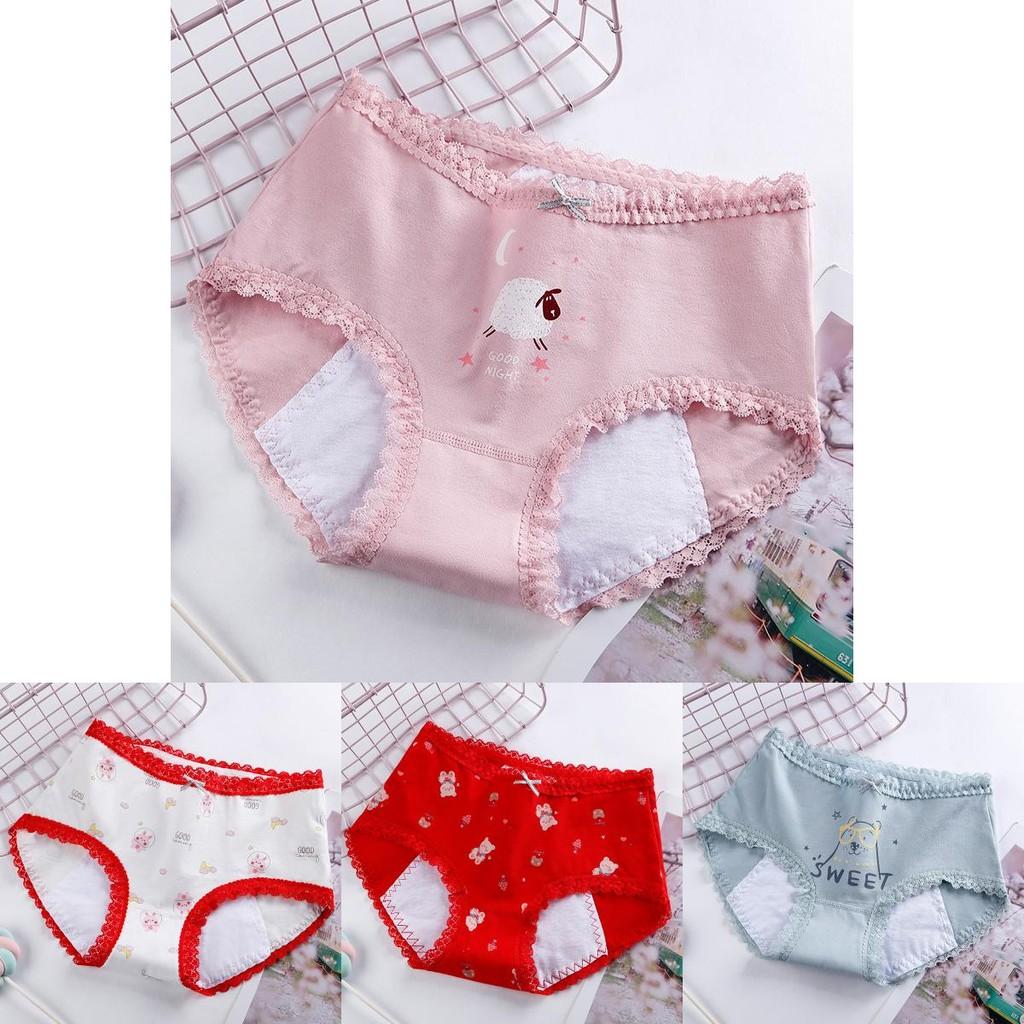 Comfortable Cotton Mid-rise Printed Menstrual Underwear With Lace Trim For Leak Protection