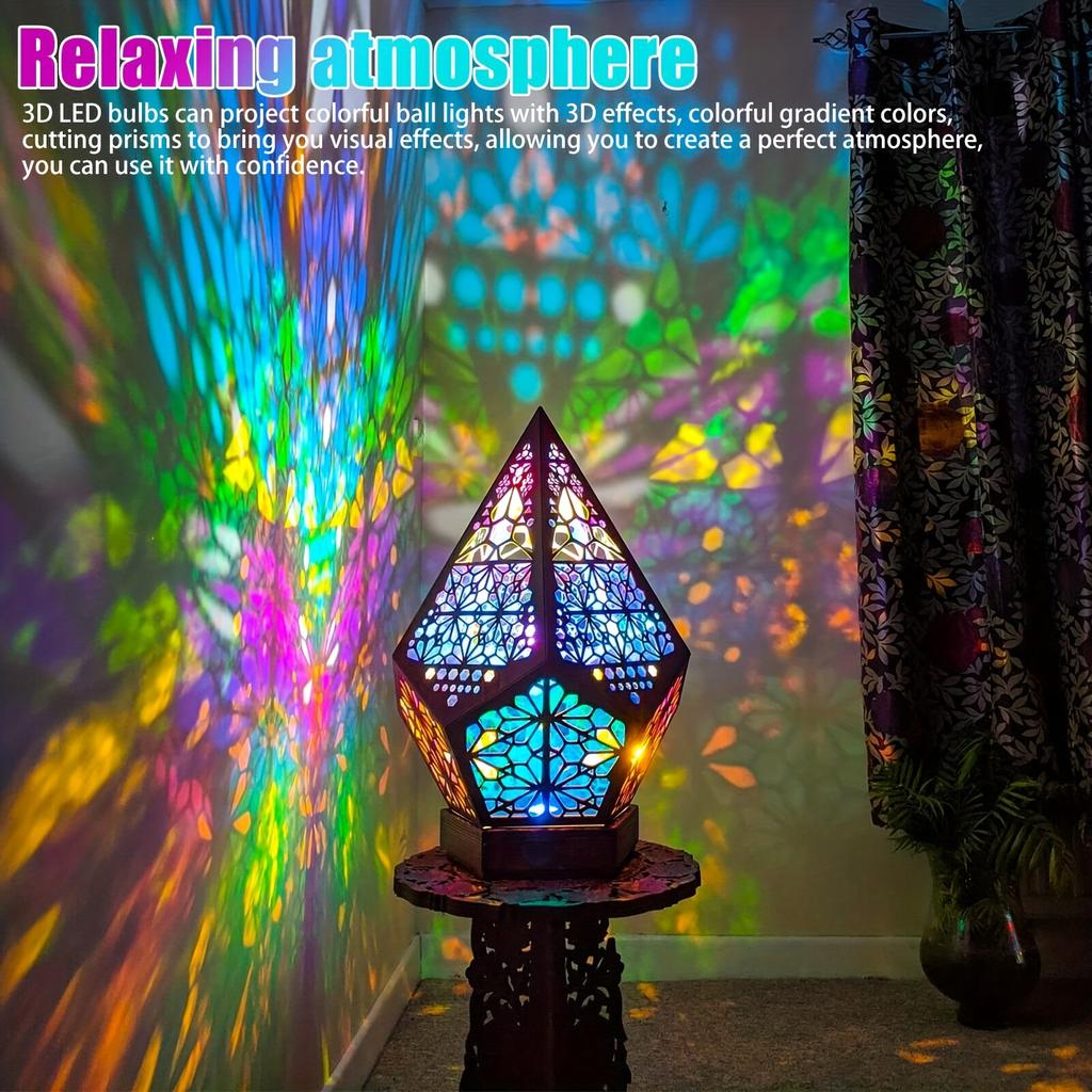 1PC Wooden Bohemian Floor Lamp, USB Charging Hollow Geometric Lantern, Retro Bohemian Lamp, LED Colored Diamond Lamp