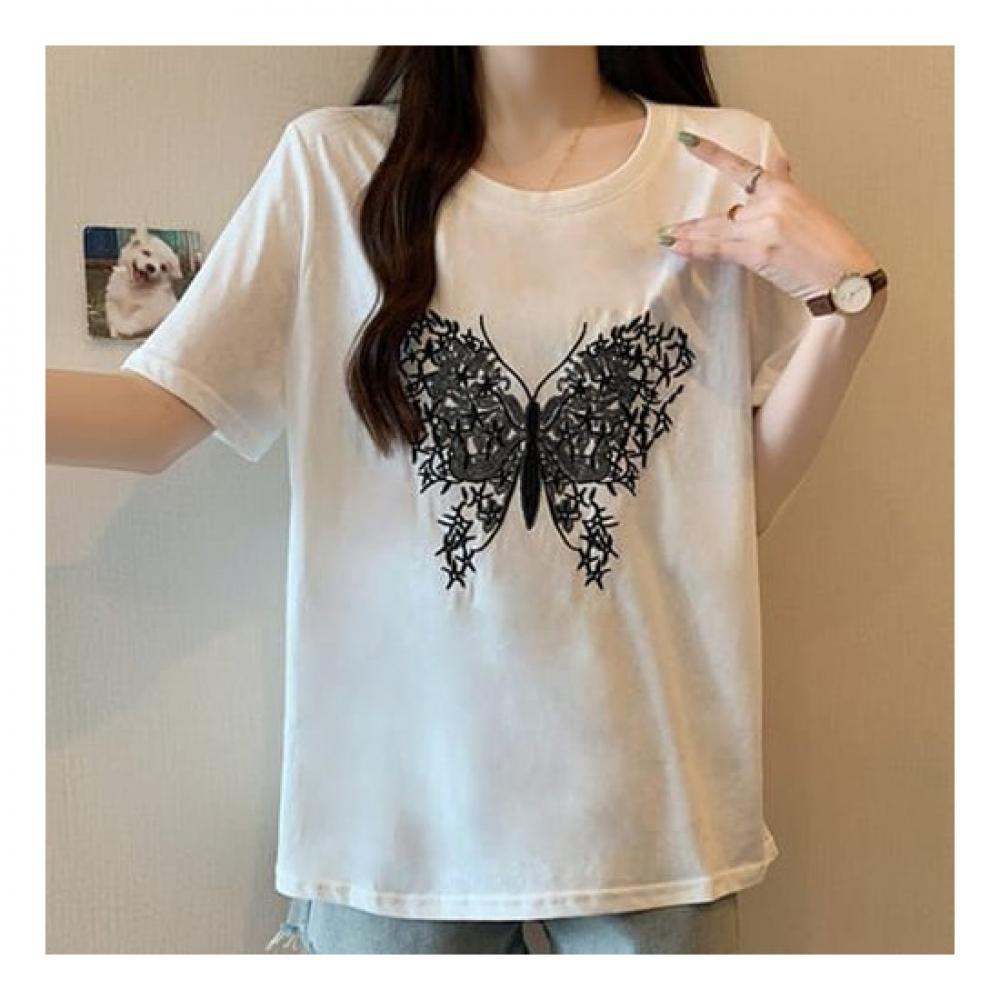 Navava Women S BuTTerfly Embroidery ShorT Sleeve Round Neck T ShirT nT1767