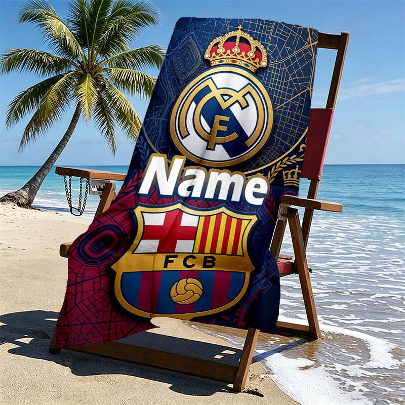 Custom Name Personalized FOOTBALL Club Barcelona Print Beach Towel, for Trip Camping Beach Party Home Decor, Birthday Gift for Family & Friends