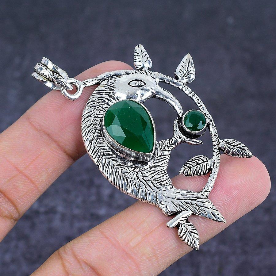 Green Onyx Handmade 925 Sterling Silver Jewelry Pendant 2.56" Z9t07