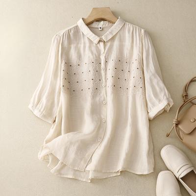 Летняя художественная свободная вышитая цветочная рубашка из хлопка и льна с короткими рукавами, женская рубашка-топ