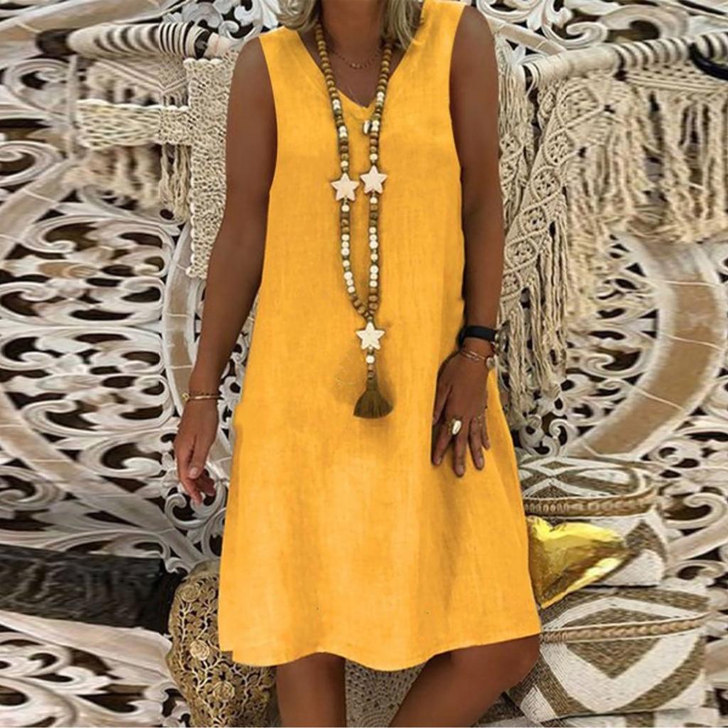 Женское летнее повседневное однотонное свободное платье без рукавов с v-образным вырезом