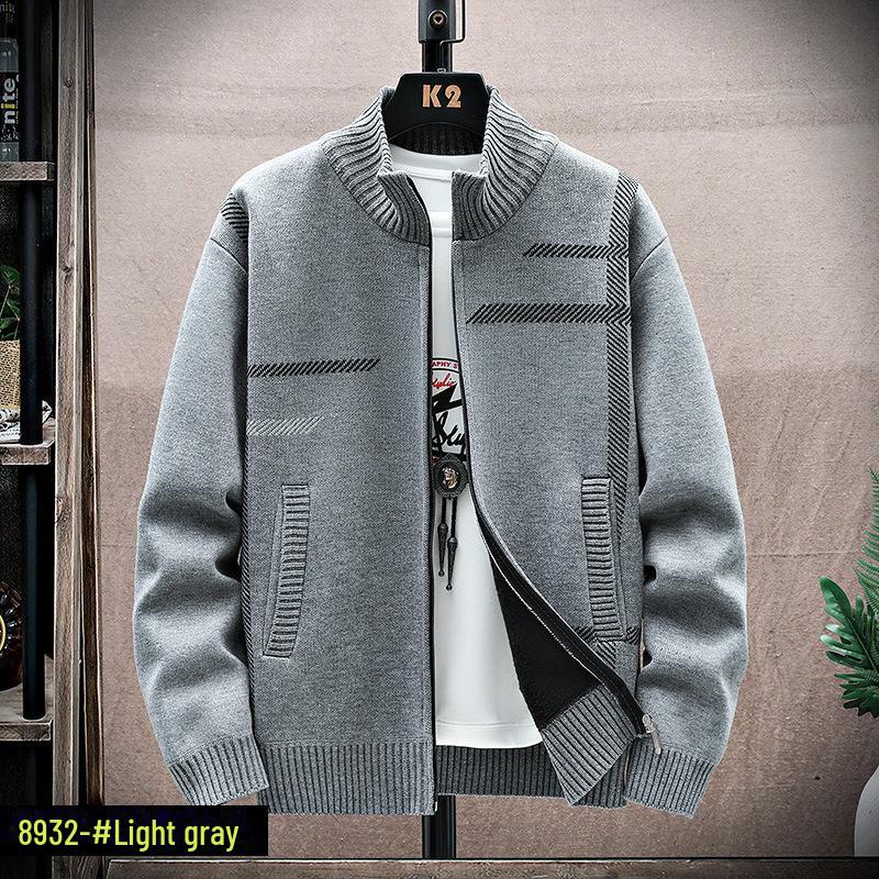 Мужской вязаный кардиган 2023 года на бархатной подкладке: Теплая куртка с принтом, длинными рукавами и воротником-стойкой для осени/зимы.