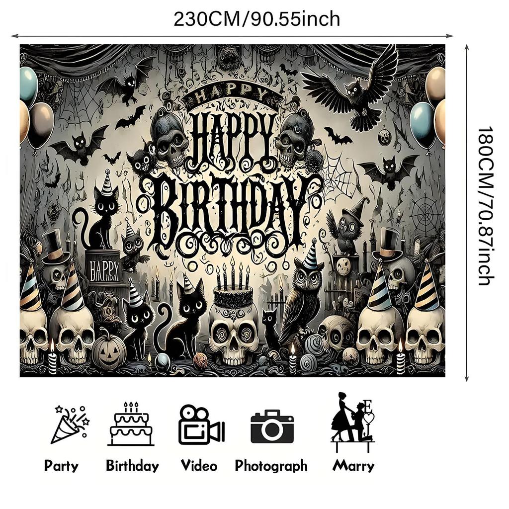 1 Gothic style cat skull birthday banner - Horror Halloween themed party decoration with black cats, bats, and skeletons