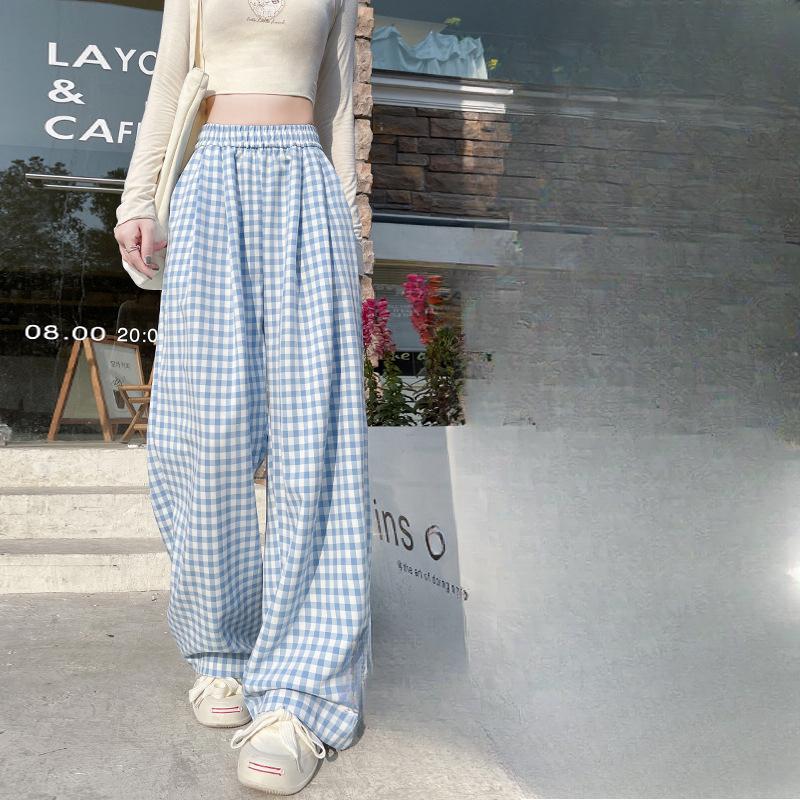 Women's Summer Dopamine Relaxed Lazy Thin High-End Contrast Color Plaid Straight-Leg Drapey Casual Wide-Leg Pants