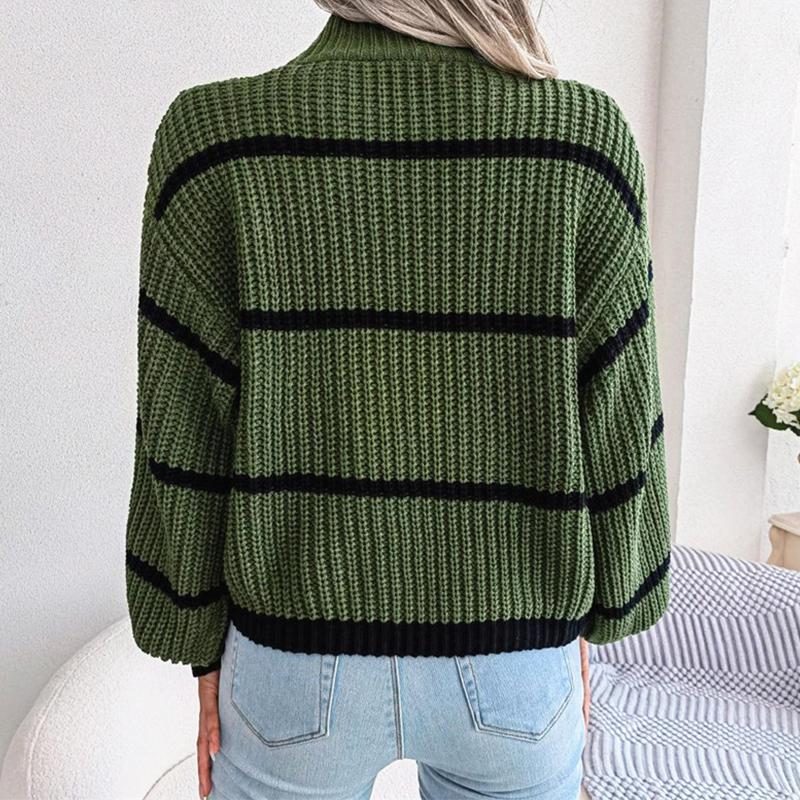 Повседневный полосатый свитер, женский свободный вязаный топ с рукавами-фонариками, полуводолазка