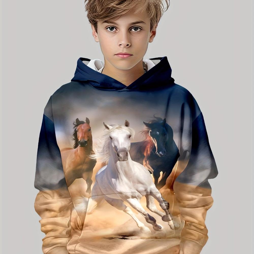 Boys' Hooded Sweatshirt, Long Sleeve, Running Horse Print, Children's Spring and Autumn Clothing, Fashionable Outdoor Pullover