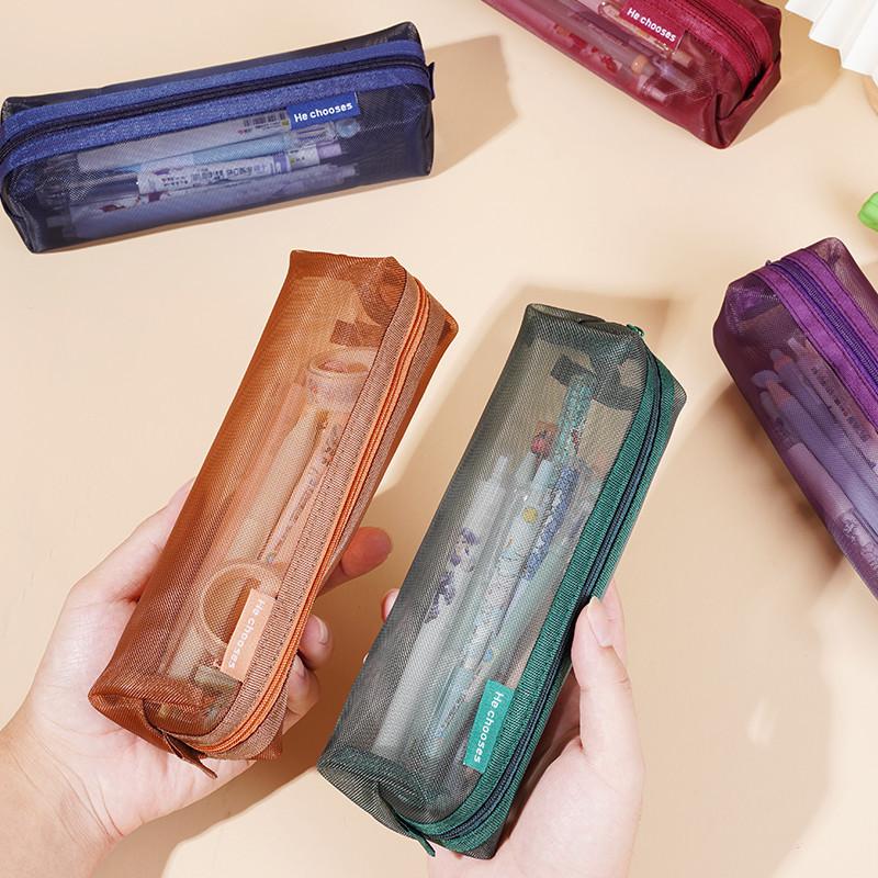 Ретро цветной переносной пенал для хранения, сетчатый пенал большой емкости, прозрачная сумка для студенческих экзаменационных и учебных канцелярских принадлежностей
