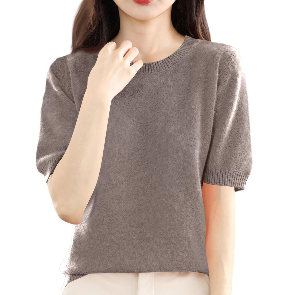 Women's Fashion Wool Knit Half Sleeve Round Neck Solid Colour Bottom Shirt Knitted T-Shirt Top