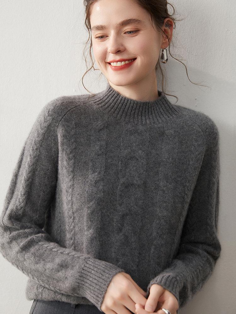 Cashmere Cable Knit Raglan Sweater - Half-High Neck, Loose Fit