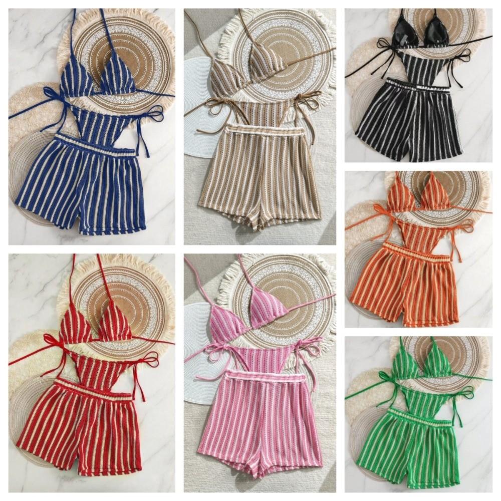 Stripes 3 in 1 Swimwear Set Lace Up Knitting Swimsuit Casual Bikini Bathing Suit  Beach