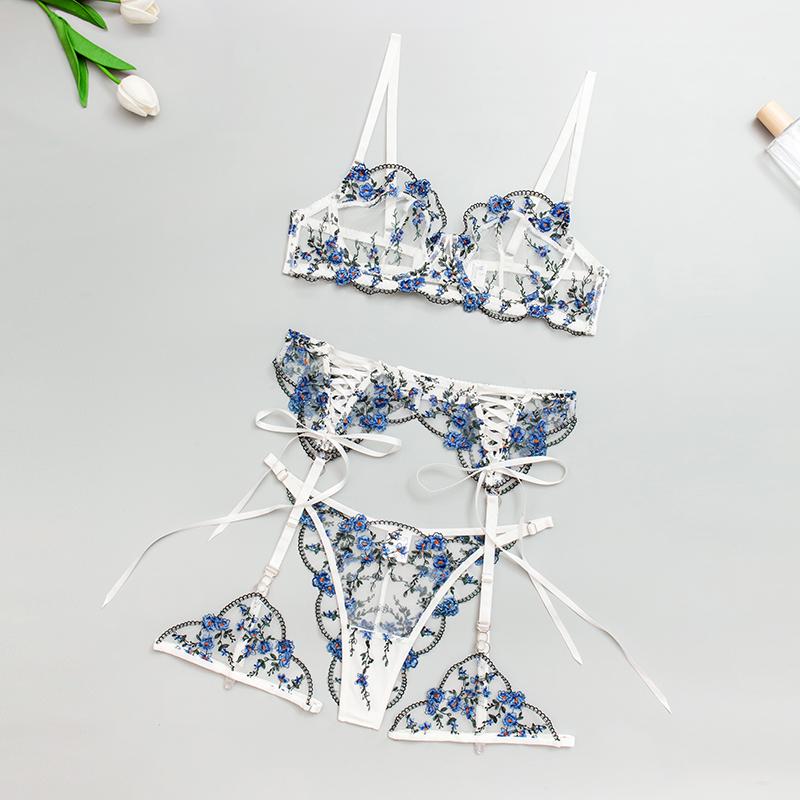 МОДА 2024 Новый эротический комплект Модный цветочная вышивка Прозрачный сексуальный комплект нижнего белья Collision Strappy Lingerie из четырех предметов Onlyfans