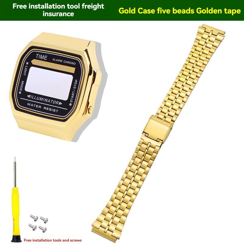 Для Casio CASIO серии A168W модифицированный металлический корпус и ремешок из нержавеющей стали, аксессуары, маленький золотой самородок, серебряный блок