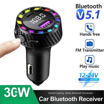 Автомобильный Bluetooth 5.3 FM-передатчик Автомобильное зарядное устройство Аудио Двойной USB Type C Быстрое зарядное устройство Цветной свет Handsfree MP3-плеер