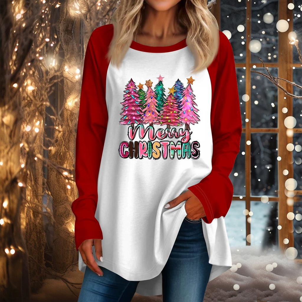 Женская повседневная футболка больших размеров с длинными рукавами и круглым вырезом с рождественским принтом, топ, пуловер