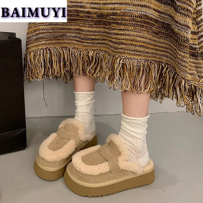 Туфли на плоской подошве из замши и хлопка, женские меховые тапочки, тренд 2025 года, зимние брендовые плюшевые шлепанцы, толстая подошва, пушистые, теплые, зимние, Botas Mujer