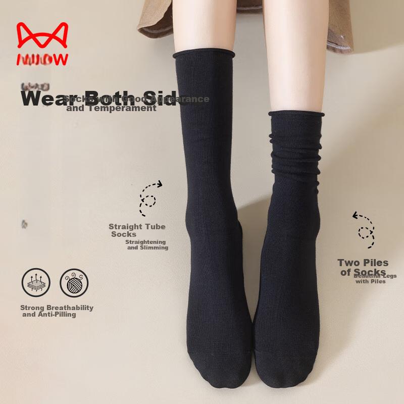 MiiOW Women's Socks, Autumn And Winter Thin Cotton Deodorant Mid-Calf Socks, Slouchy Socks with Rolled Edges, Sweet Style, 5 Pairs Set