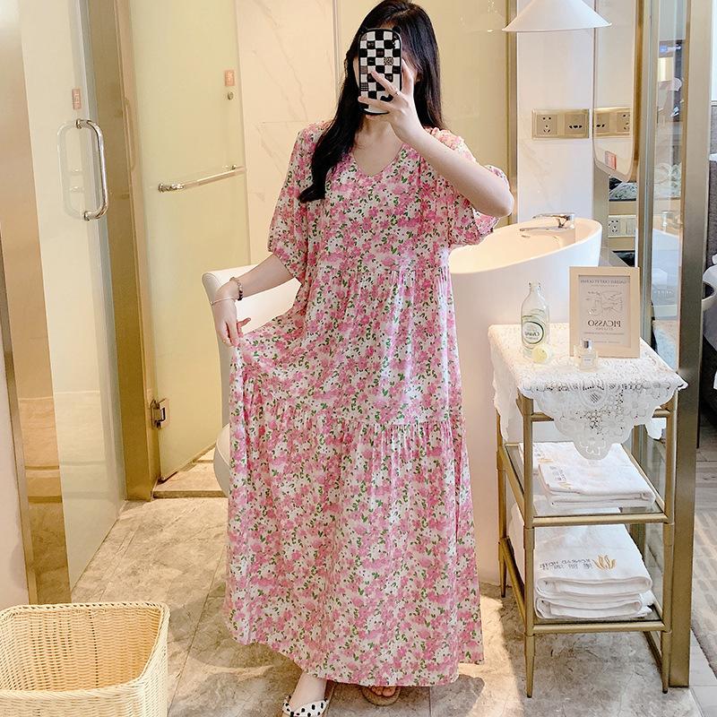 1011 New women's cotton and silk dress French spring, summer and autumn can be worn outside loose cake dress long dress large size nightdress