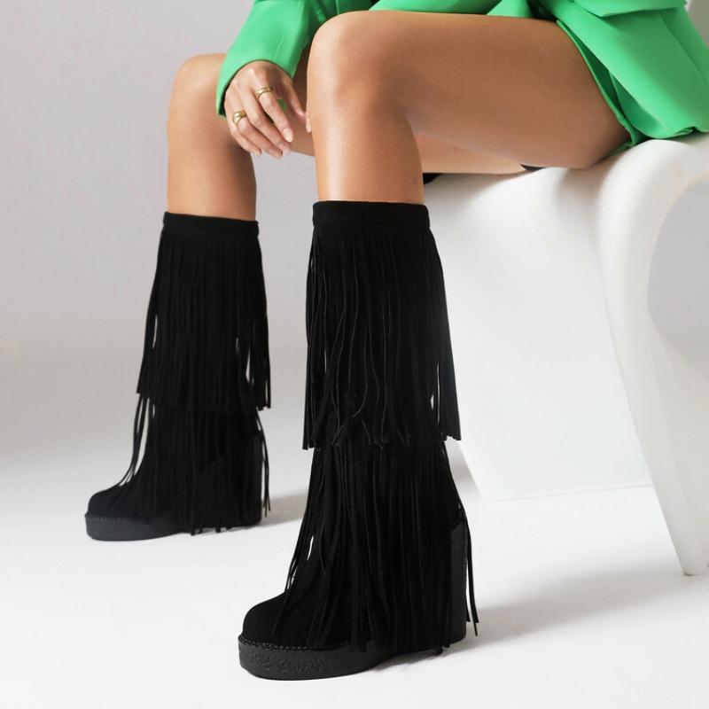 Женские сапоги Tassel Winter New Bohemian Flocking Monica Design Сапоги до середины голени Теплые сапоги на молнии на платформе с подкладкой из плюша Высокие сапоги до колена