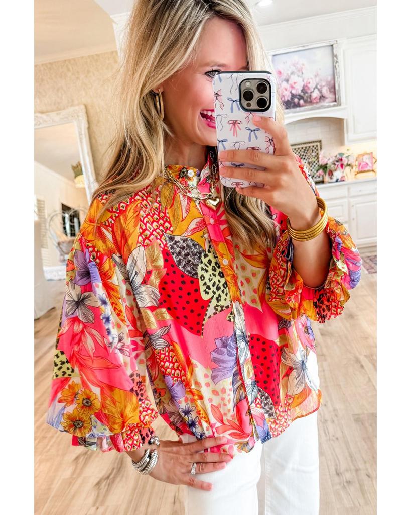 Azura Exchange Красная рубашка с абстрактным цветочным принтом, застегивающаяся на пуговицы и оборками на рукавах-фонариках