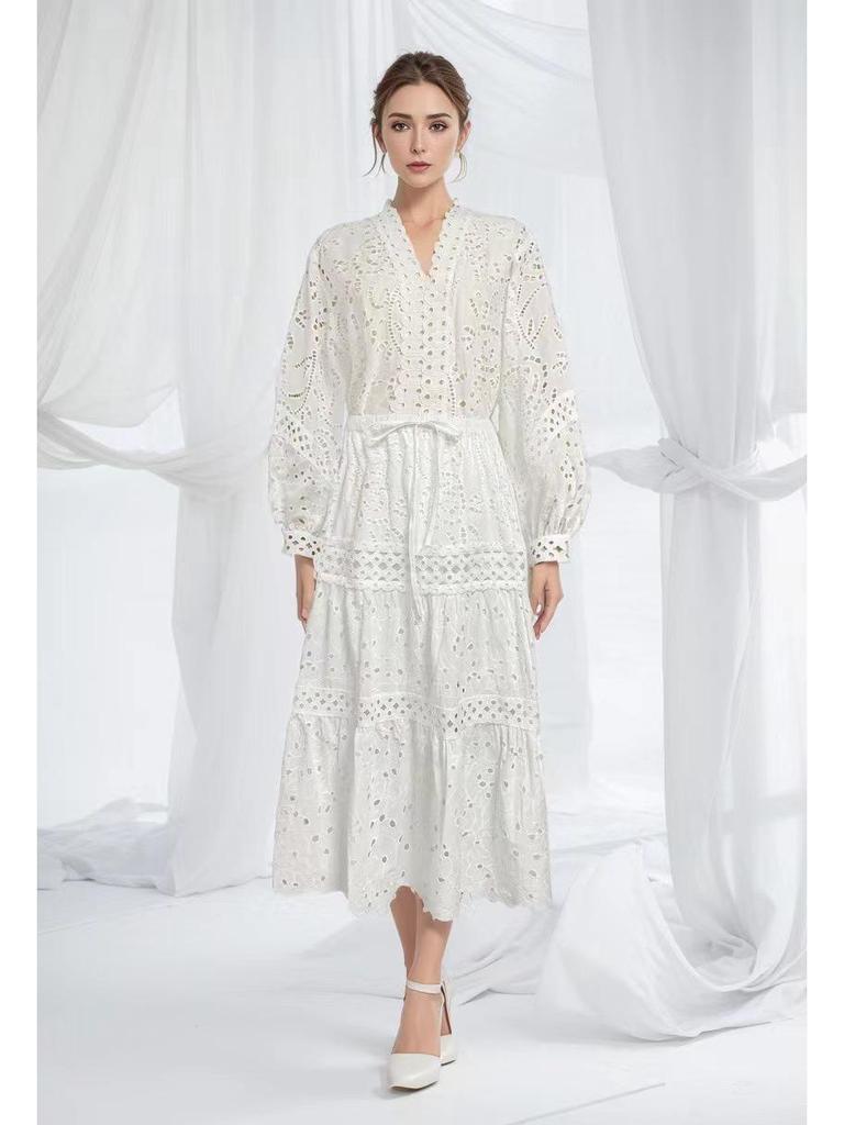 Комплект из топа с V-образным вырезом и рукавами-фонариками и ажурной юбки на резинке для женщин, осень 2023