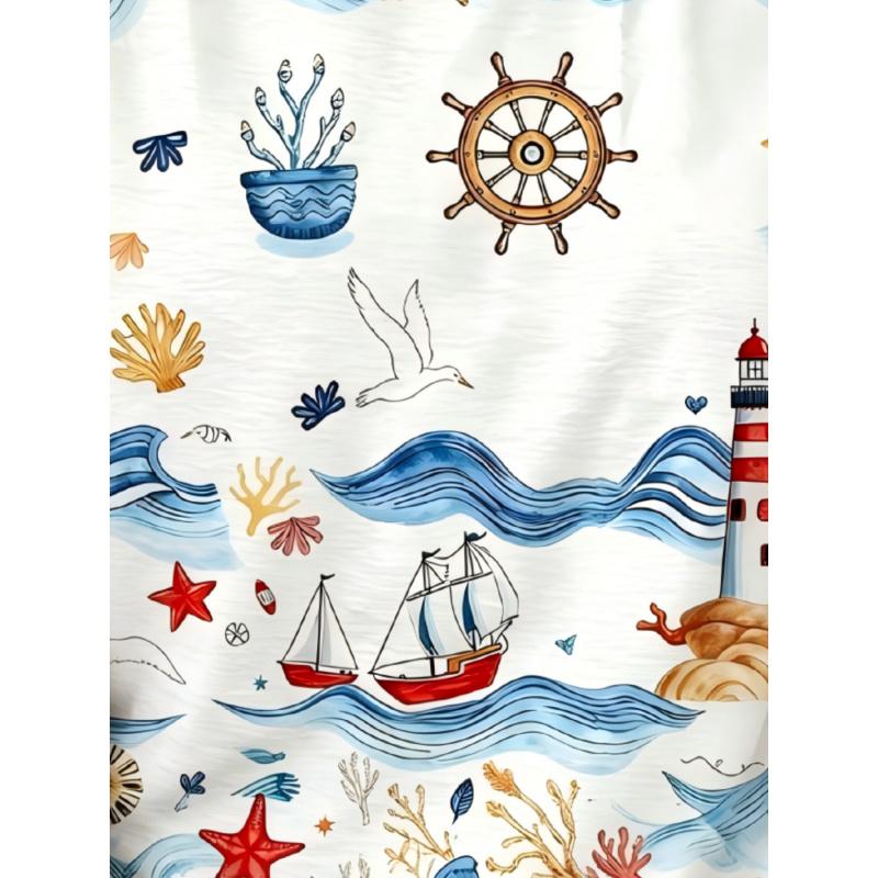 2026Women's new summer fashion with nautical elements and marine life pattern print, casual loose round neckTShirt