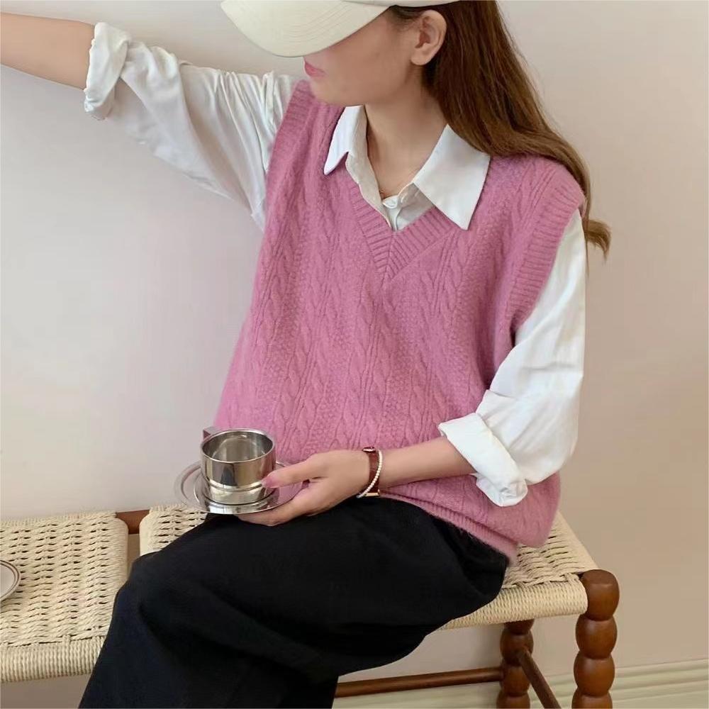 WTEMPO Свитера без рукавов в стиле преппи, трикотажные женские однотонные повседневные свитера с V-образным вырезом, трикотажные жилеты