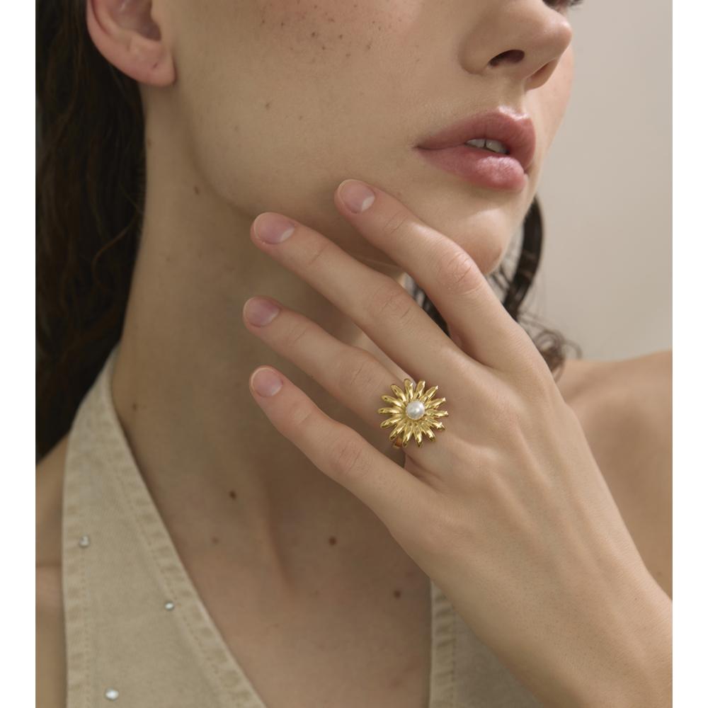Yhpup Imitation Pearl Sunflower Adjustable Ring Fashion Popular Stainless Steel Chic Women Jewelry Gold Platinum PVD Plated