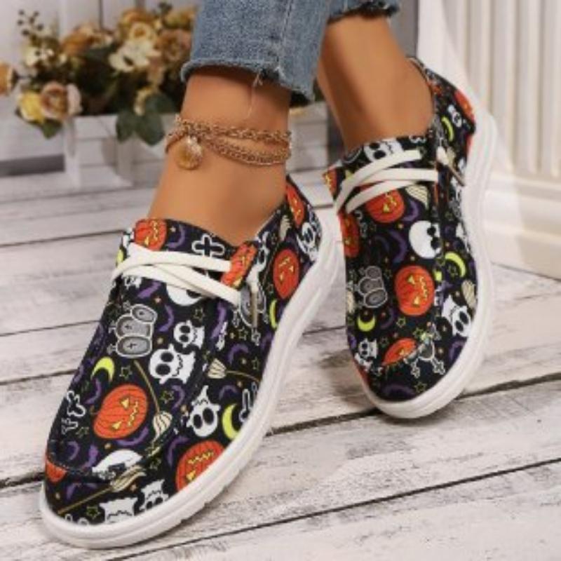 Large Size Women'S Single Shoes Spring And Autumn Halloween Elements Printed Ghost Skull Canvas Shoes Casual Single Shoes