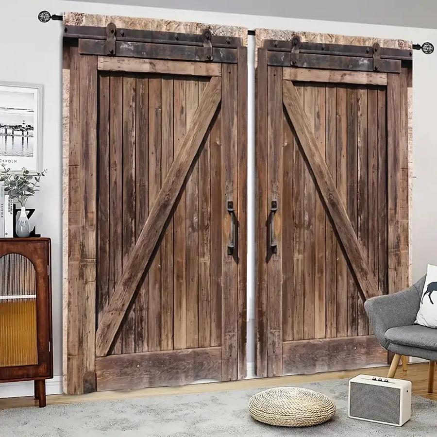2PC Curtains, Western Cowboy Farm Decorated Wooden Doors With Pole Pocket Curtains, Suitable For Kitchens, Cafes, And Bedroom