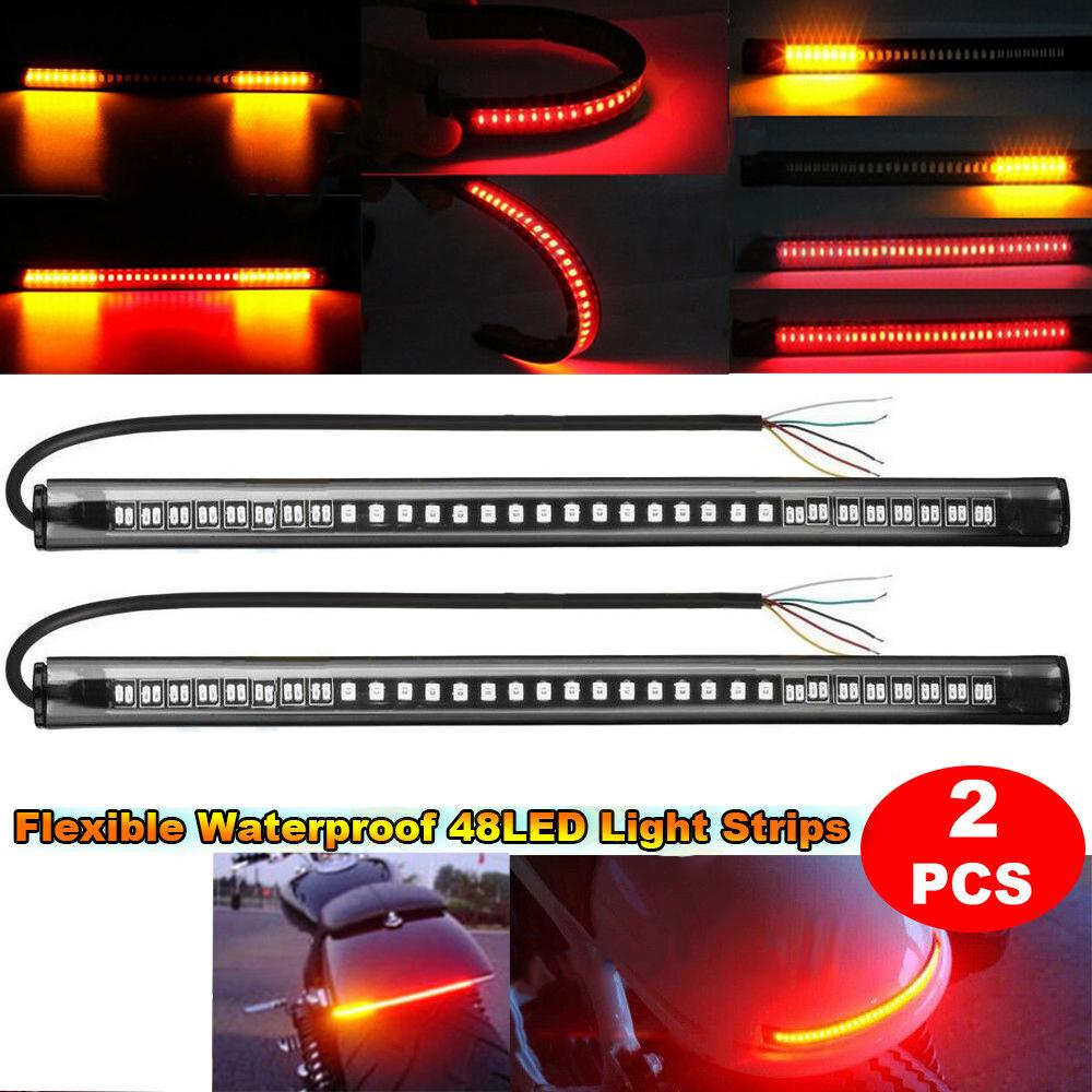 2pcs Universal 48 LEDs Motorcycle Soft Rubber Light Bar Strip Tail Brake Stop Turn Signal Lights License Plate