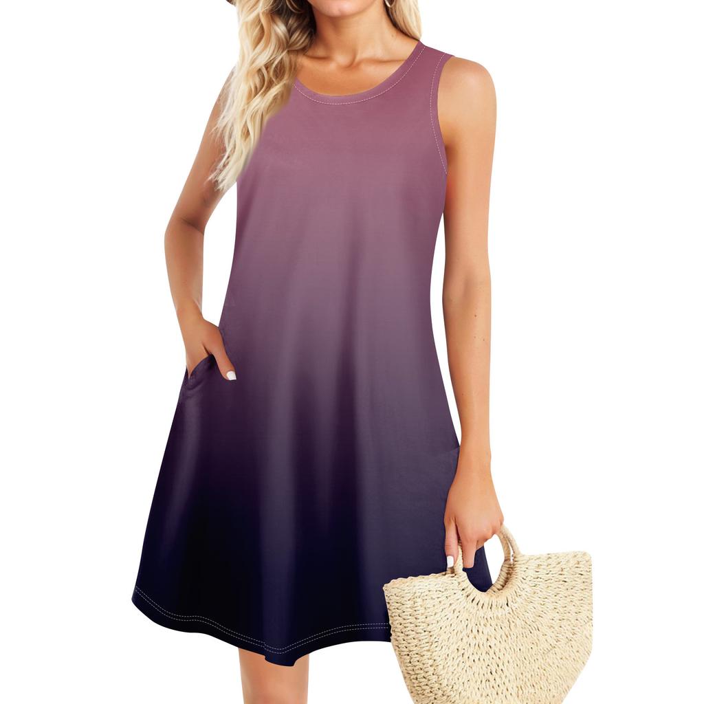 Summer Dresses For Women Beach Boho Sleeveless Vintage Printing Flowy Pocket Tshirt Tank Sundresses