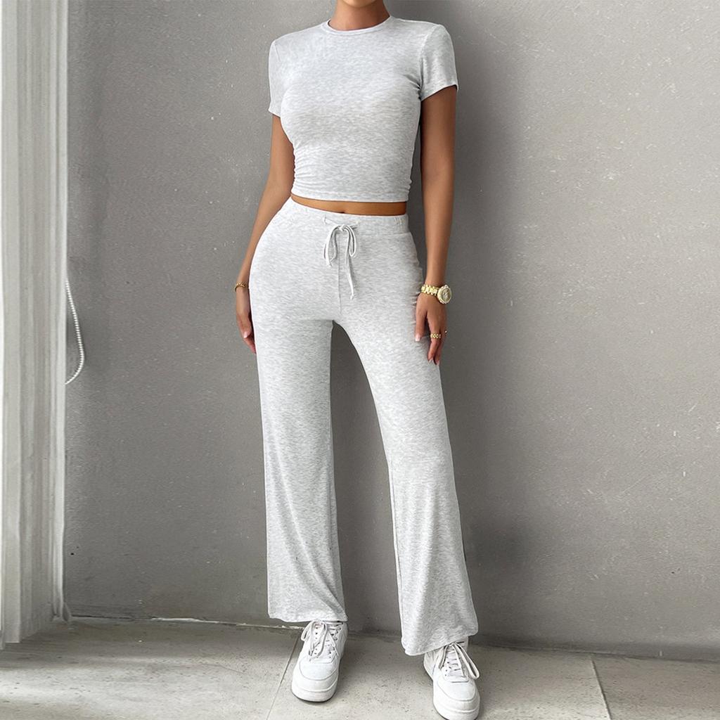 Летний темпераментный однотонный повседневный модный комплект с круглым вырезом