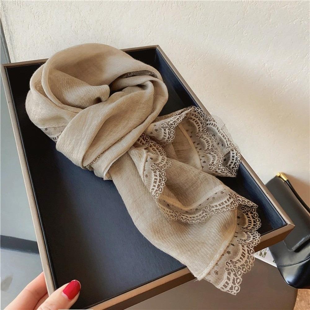 Solid Color Cotton Linen Scarf Lace Edge Silk Scarf Literary Flaxen Lace Scarf  for Women