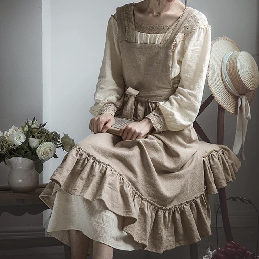 Волнистый сарафан Французский пасторальный Флорист Артистичный Хлопково-льняной Винтажный Фартук Кухня Выпечка Скандинавский Однотонный Фартук с оборками