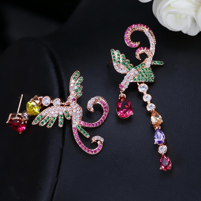 WWJ Уникальные разноцветные красные и зеленые длинные серьги-подвески с фианитами для женщин с изображением Феникса