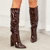 Eilyken Сексуальные уличные дизайнерские сапоги до колена с острым носком, женские модные туфли из лакированной кожи, длинные ботильоны на массивном высоком каблуке