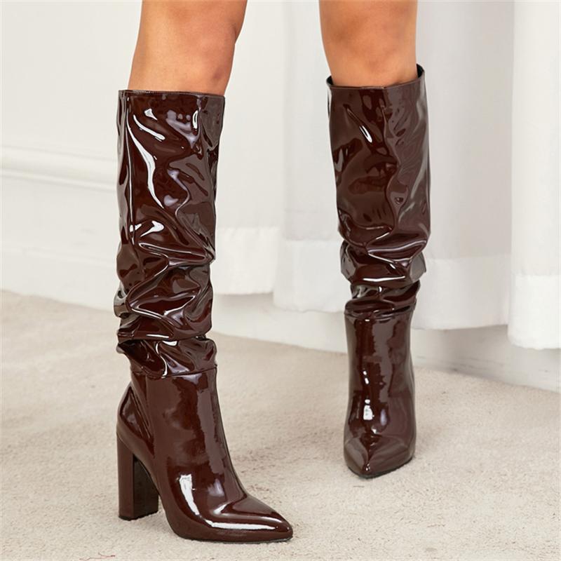Eilyken Сексуальные уличные дизайнерские сапоги до колена с острым носком, женские модные туфли из лакированной кожи, длинные ботильоны на массивном высоком каблуке