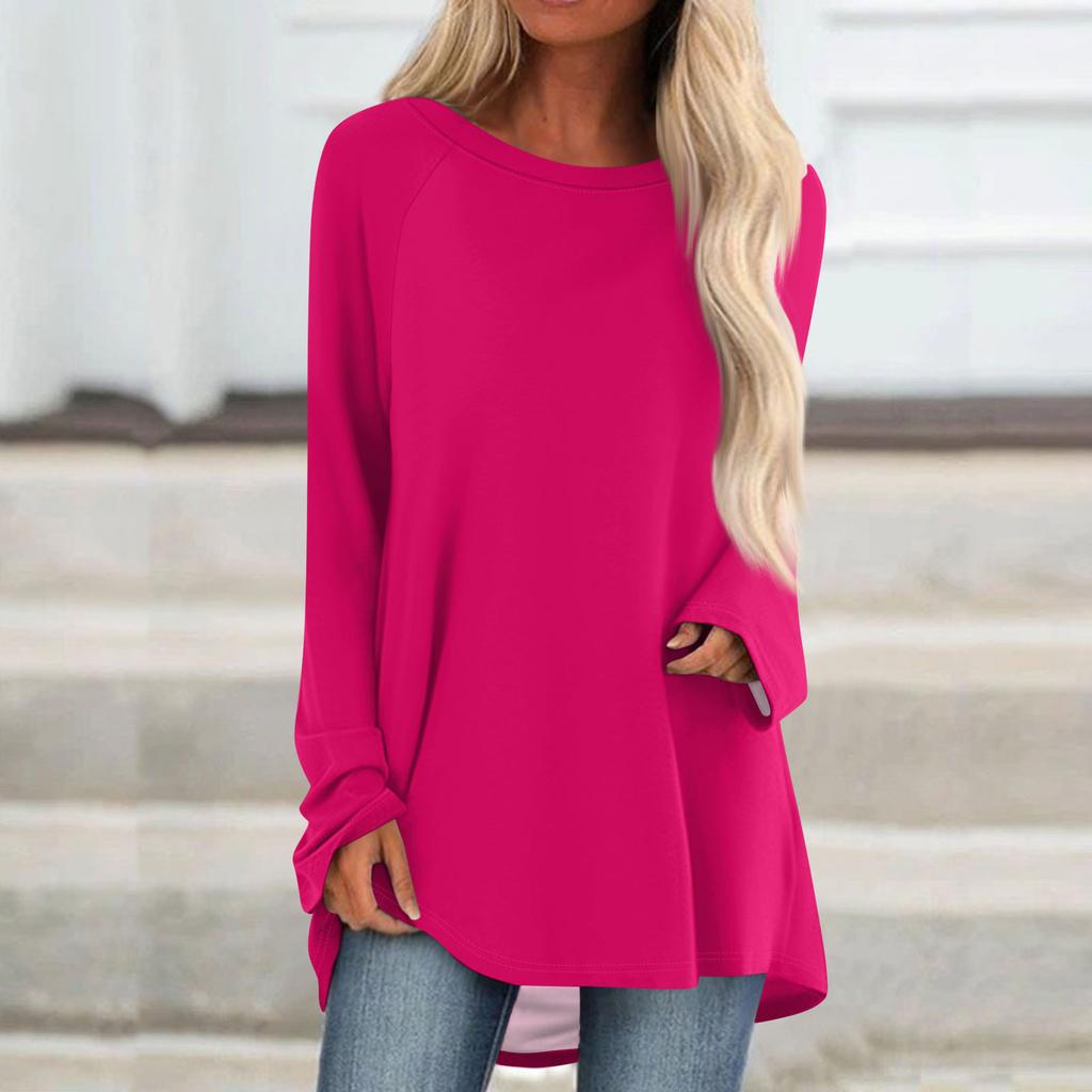 Women's Fashionable Loose Mid-length Round Neck Pullover Solid Color Raglan Sleeves Long-sleeved Casual Top