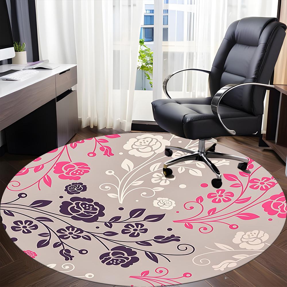 1pc Floral Pattern Chair Carpet for Office, Round Polyester Mat, Indoor Decor for Office, Washable Non-slip Carpet yy251219086