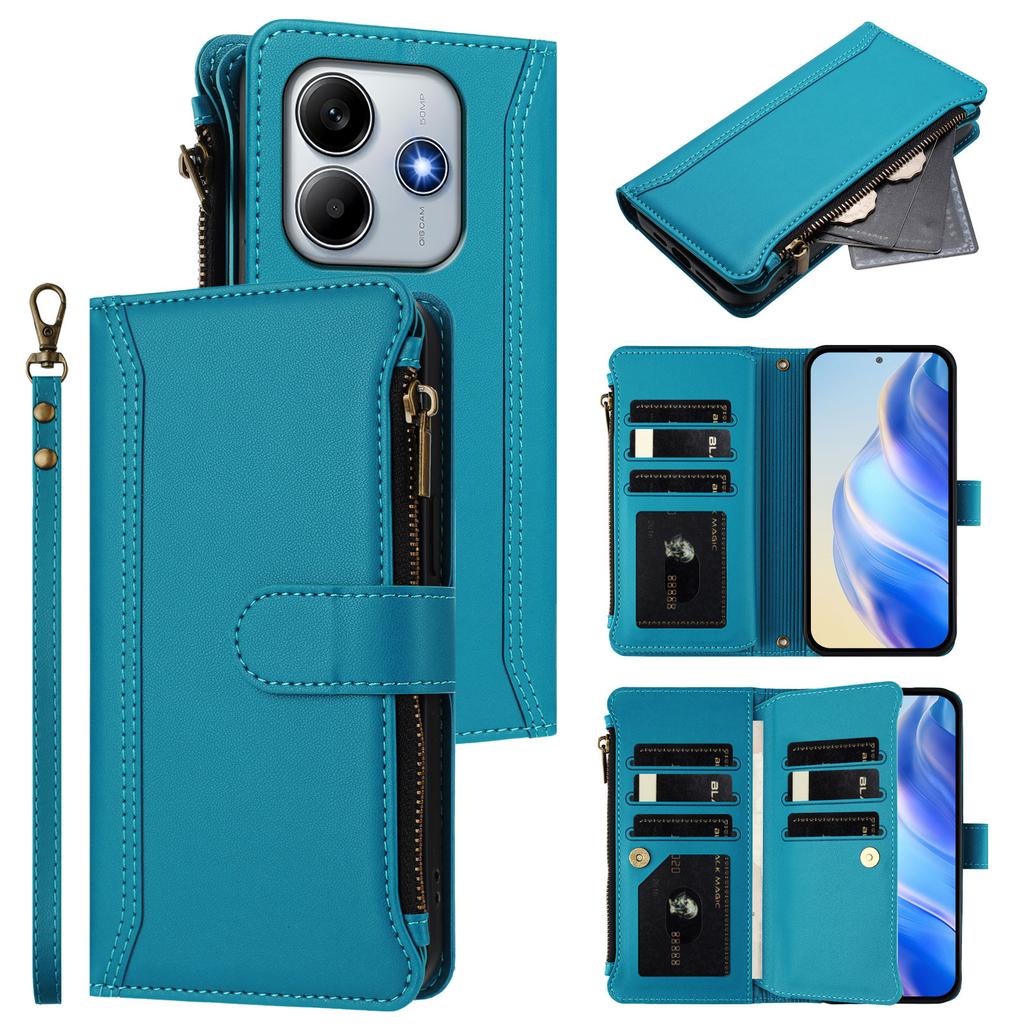 Для Xiaomi Redmi Note 14 4G (163,25 мм) Кожаный чехол 9 отделений для карт кошелек на молнии подставка чехол для телефона с ремешком на запястье