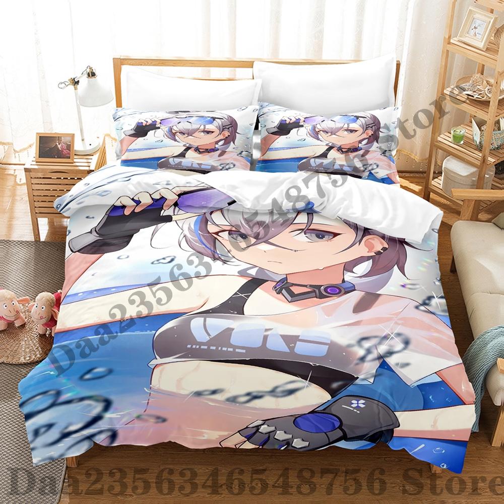Kawaii Silver Wolf Honkai Star Rail Pattern Three Piece Bedding Set Luxury Comforter Set with Queen King Including household go
