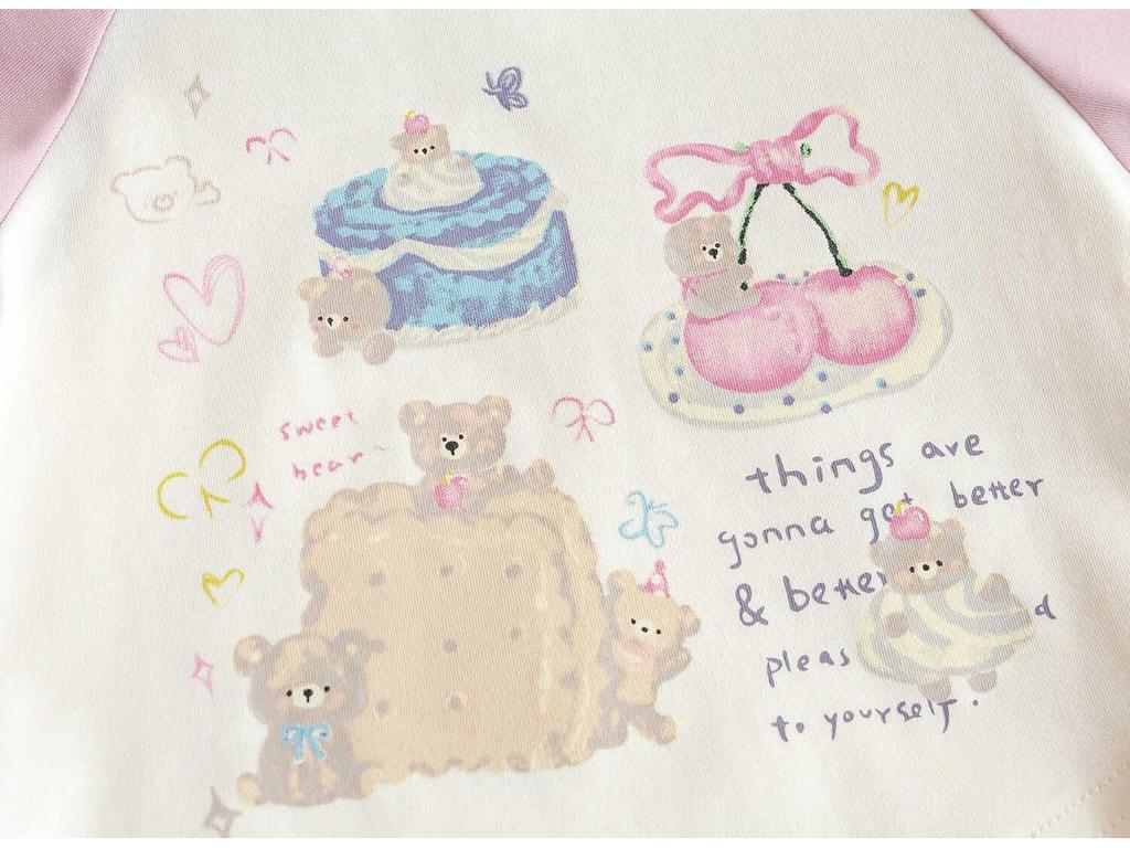 Корейская осенняя мультяшная футболка с длинным рукавом для девочек: Милый, Цветовой блок, Универсальный принт