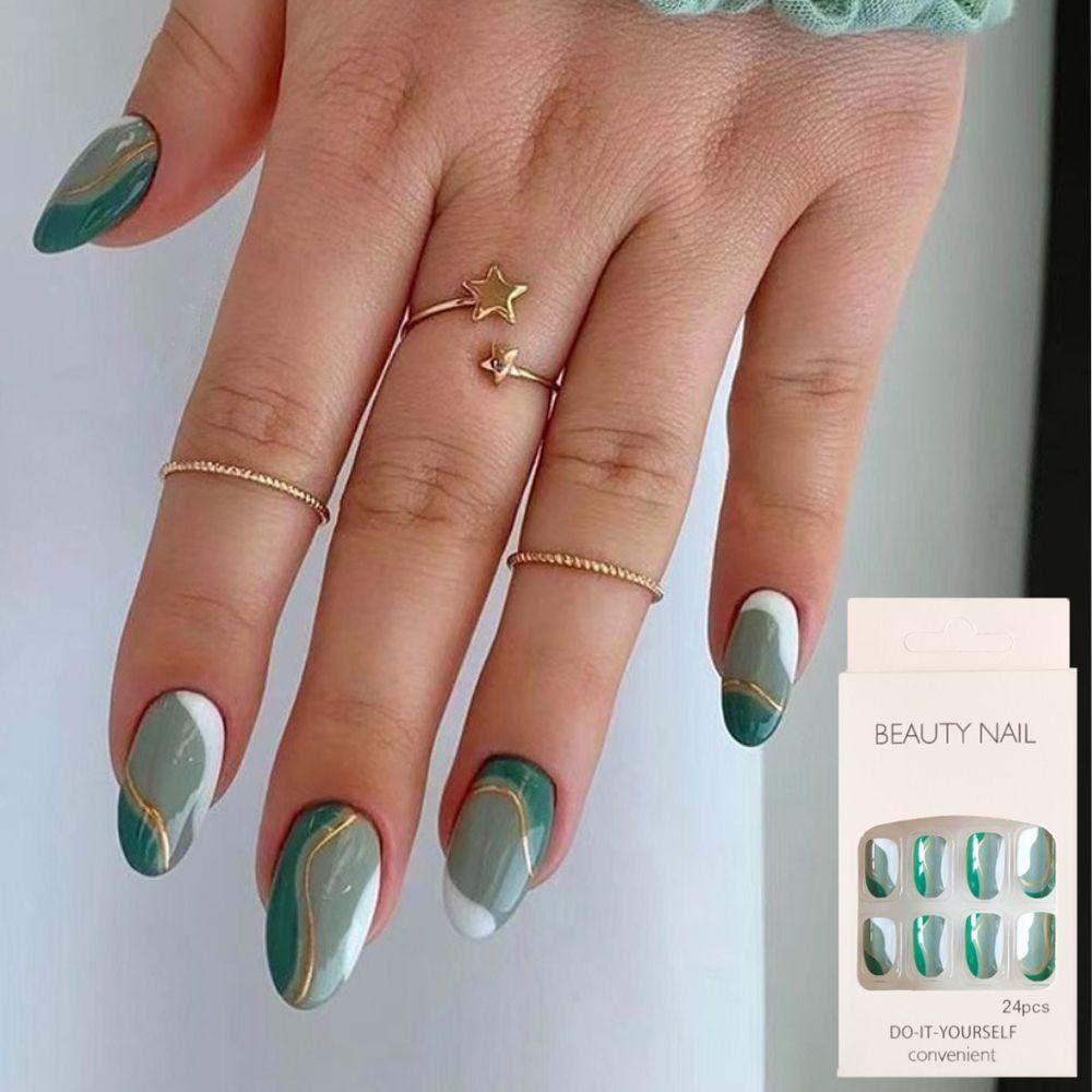 24pcs Detachable Green Gold Lines Style DIY Full Cover Short Oval Fake Nails French